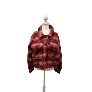 Vigoss Womens L Plaid Shacket Red Purple Fuzzy Cropped Button Front Jacket NWT